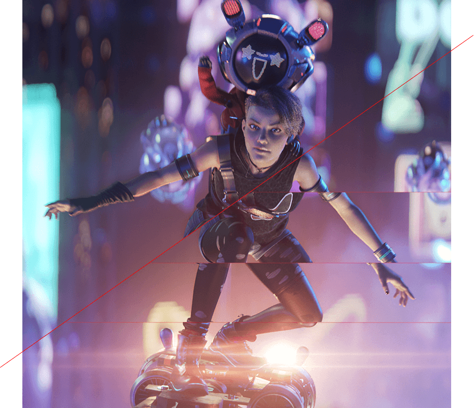 Afbeelding van twee personages die op een vliegend hoverboard rijden, waarbij het lichaam van één personage wat screen tearing vertoont bij uitgeschakelde VRR-technologie.