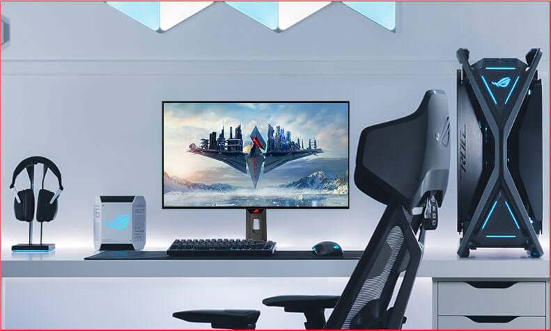 "Een gaming-opstelling met een XG27AQDMG samen met een toetsenbord, muis, headset en pc