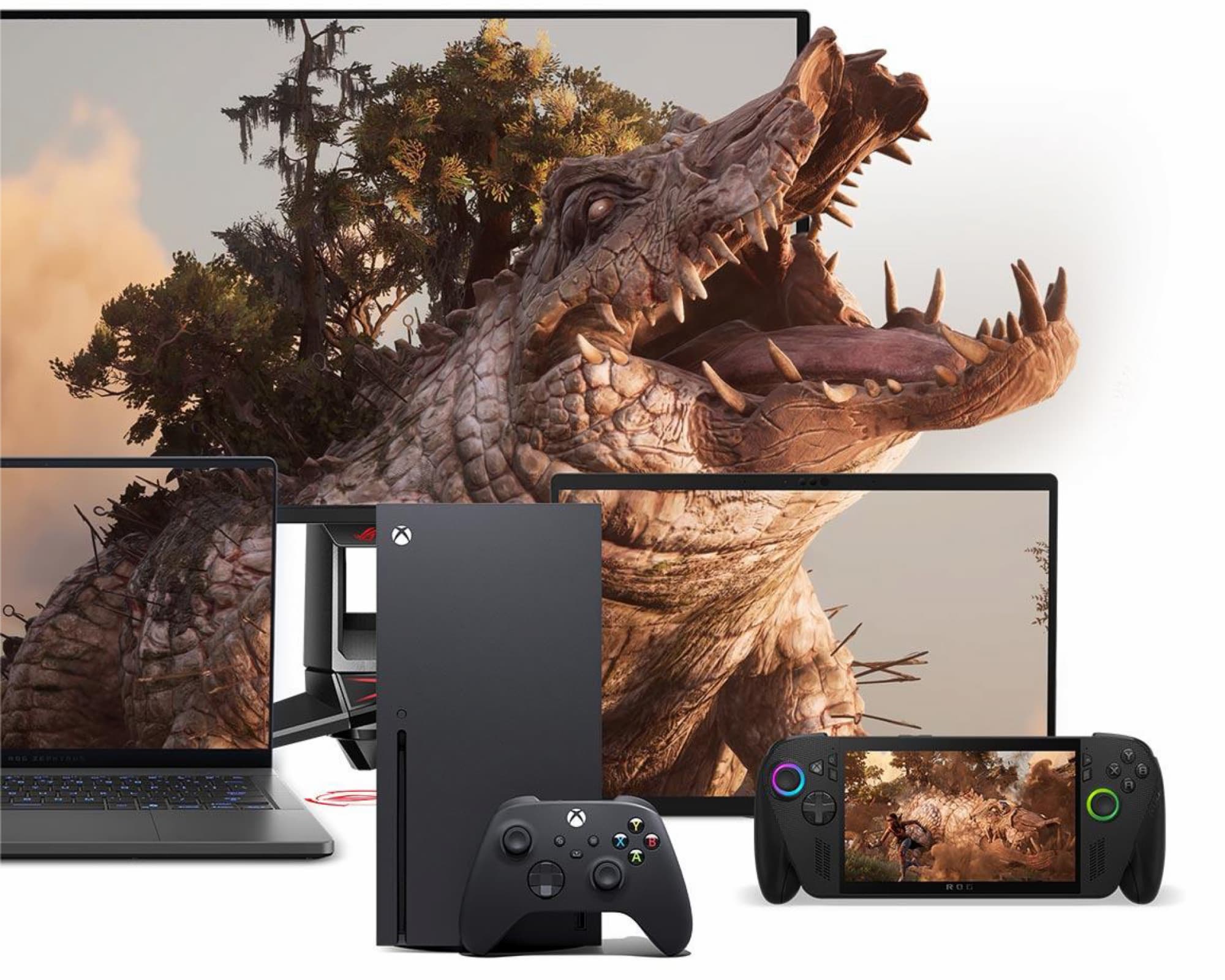 A game-rendered alligator, on a computer monitor, laptop screen, portable monitor, ROG Xbox Ally X, and slightly superimposed in reality. An Xbox Series X console and controller are also visible in frame.