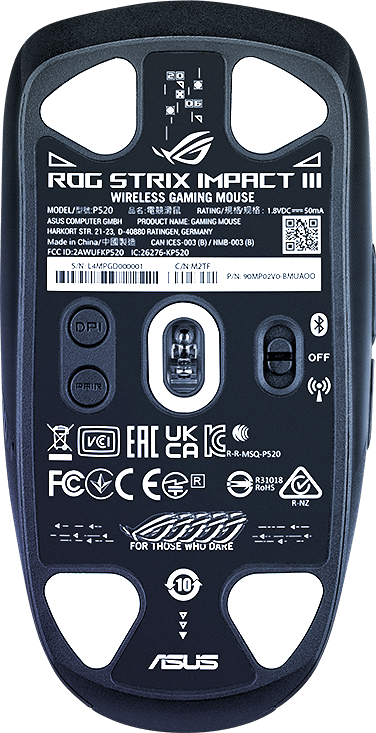Die Unterseite der ROG Strix Impact III Wireless, alles abgedunkelt bis auf den Sensorbereich in der Mitte der Maus