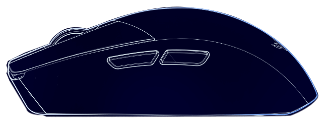 Die vordere Draufsicht der ROG Strix Impact III Wireless mit markierten L/R-Tasten, um zu zeigen, wo die Fingerspitzen aufliegen