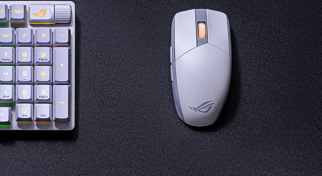 Ein Bild der ROG Strix Impact III Wireless Maus neben der ROG Strix Scope II 96 Wireless Tastatur