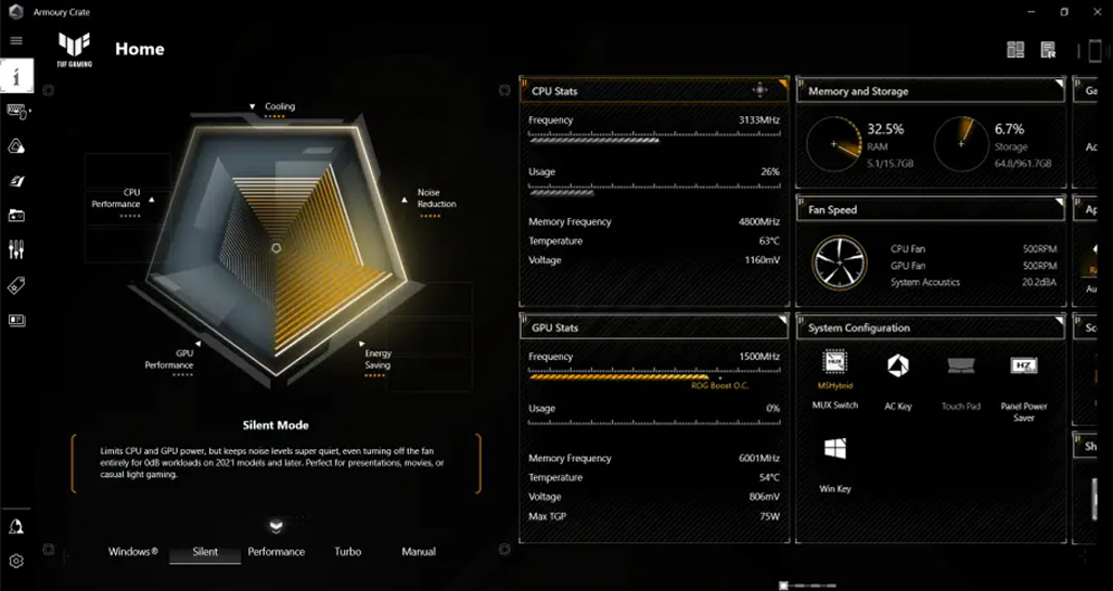 Capture d'écran de l'arrière-plan de TUF Gaming pour le logiciel de contrôle Armoury Crate.