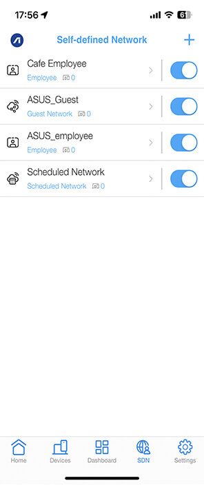 Gebruikersinterface van Self-defined Network met meerdere SSID's in de ASUS ExpertWiFi-app.