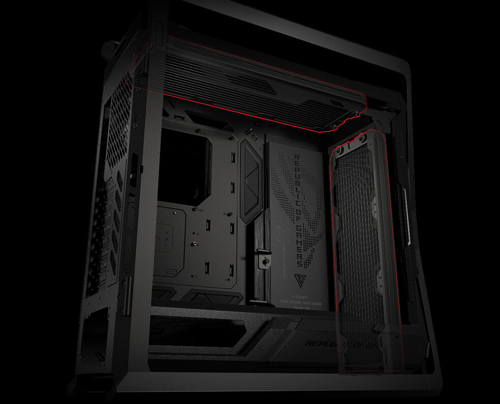 side angle of ROG Hyperion GR701 with two 420 mm radiators highlighted