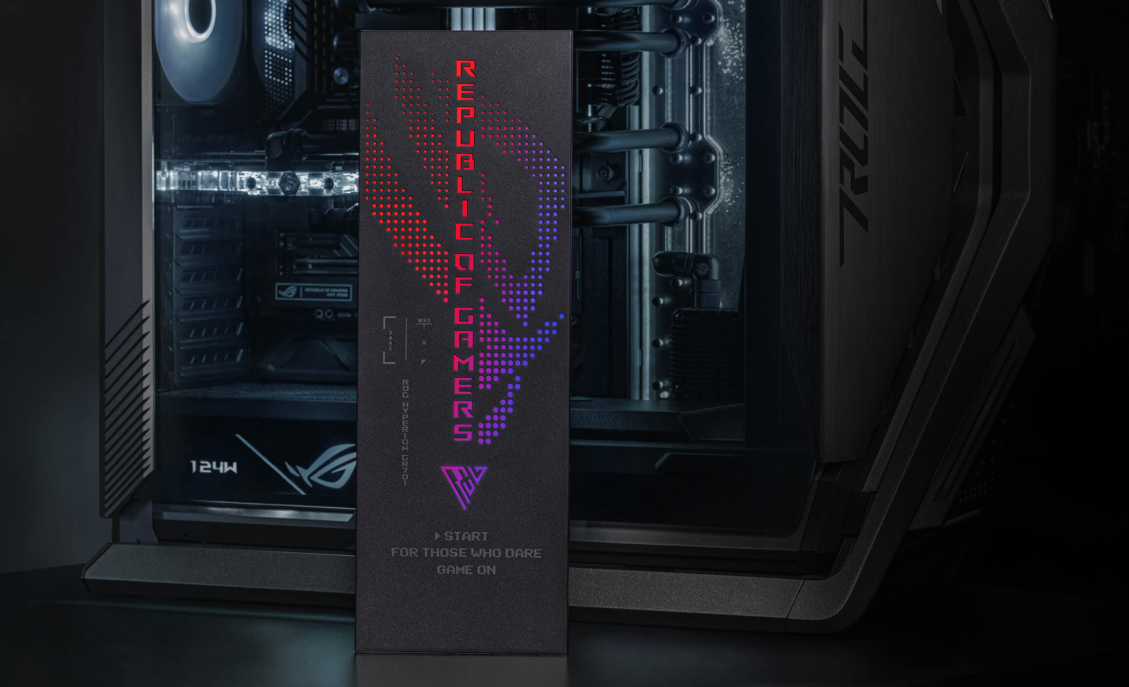 close-up of the attached ROG themed lighting panel outside the Hyperion