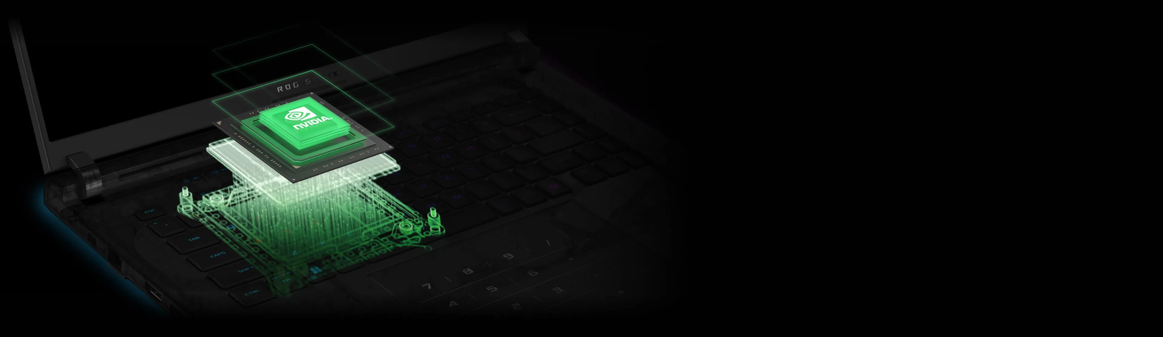 An NVIDIA GPU appearing from underneath a laptop keyboard.