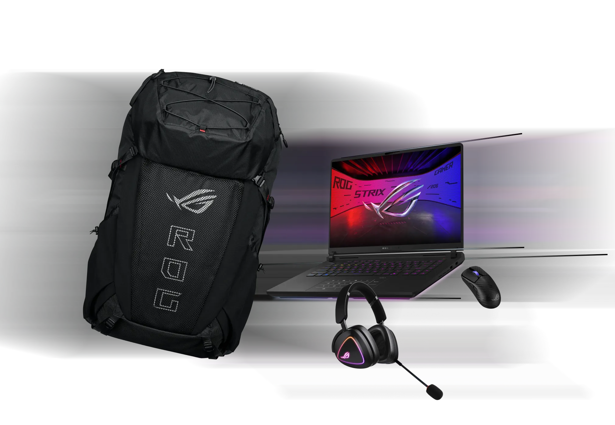 From left to right; an ROG Archer ErgoAir Gaming Backpack, ROG Delta II headset, SCAR 18, and ROG Harpe Ace Extreme mouse.