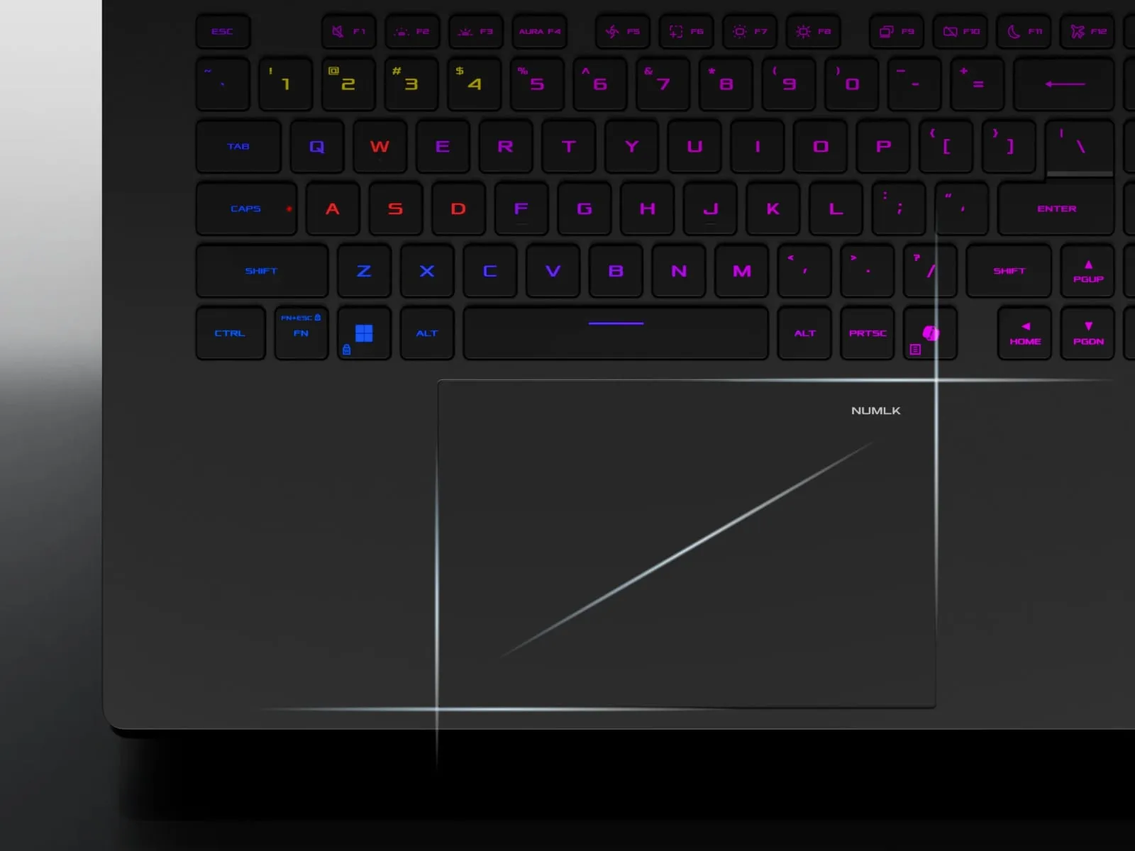 The shape of the SCAR laptop’s touchpad is highlighted.