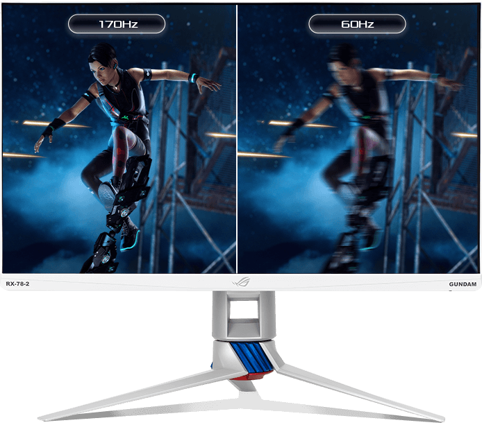 A image comparison showing different between 60Hz and 170Hz on ROG Strix XG279Q-G Gundam Edition. Compared to 60Hz, 170Hz picture clarity is smoother and clearer.