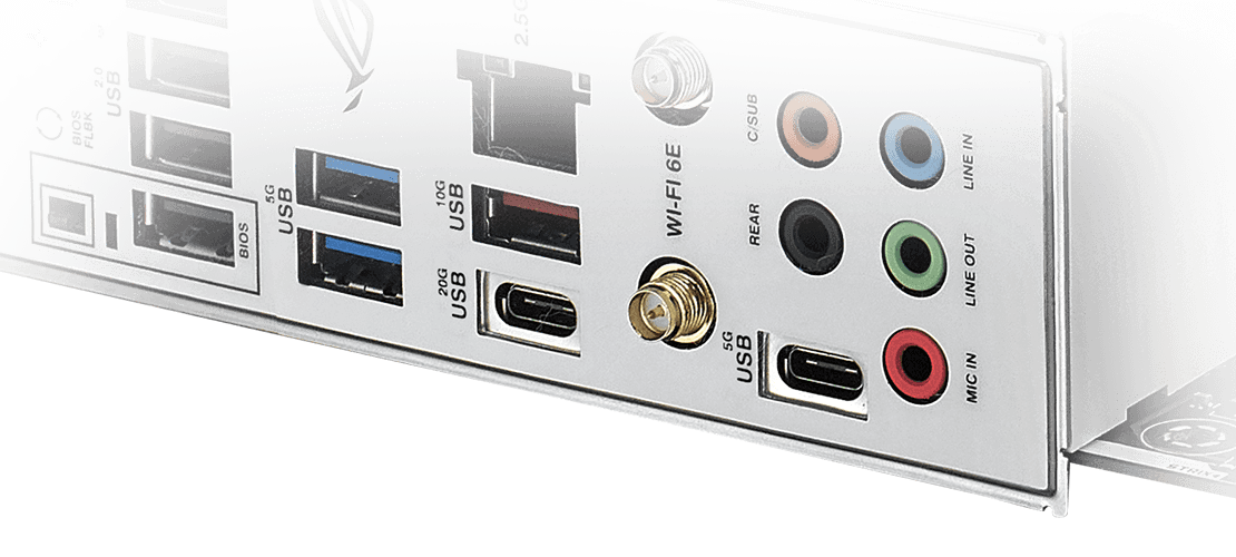 Das Strix B760-G verfügt über einen rückseitigen USB 3.2 Gen 2x2-Anschluss.
