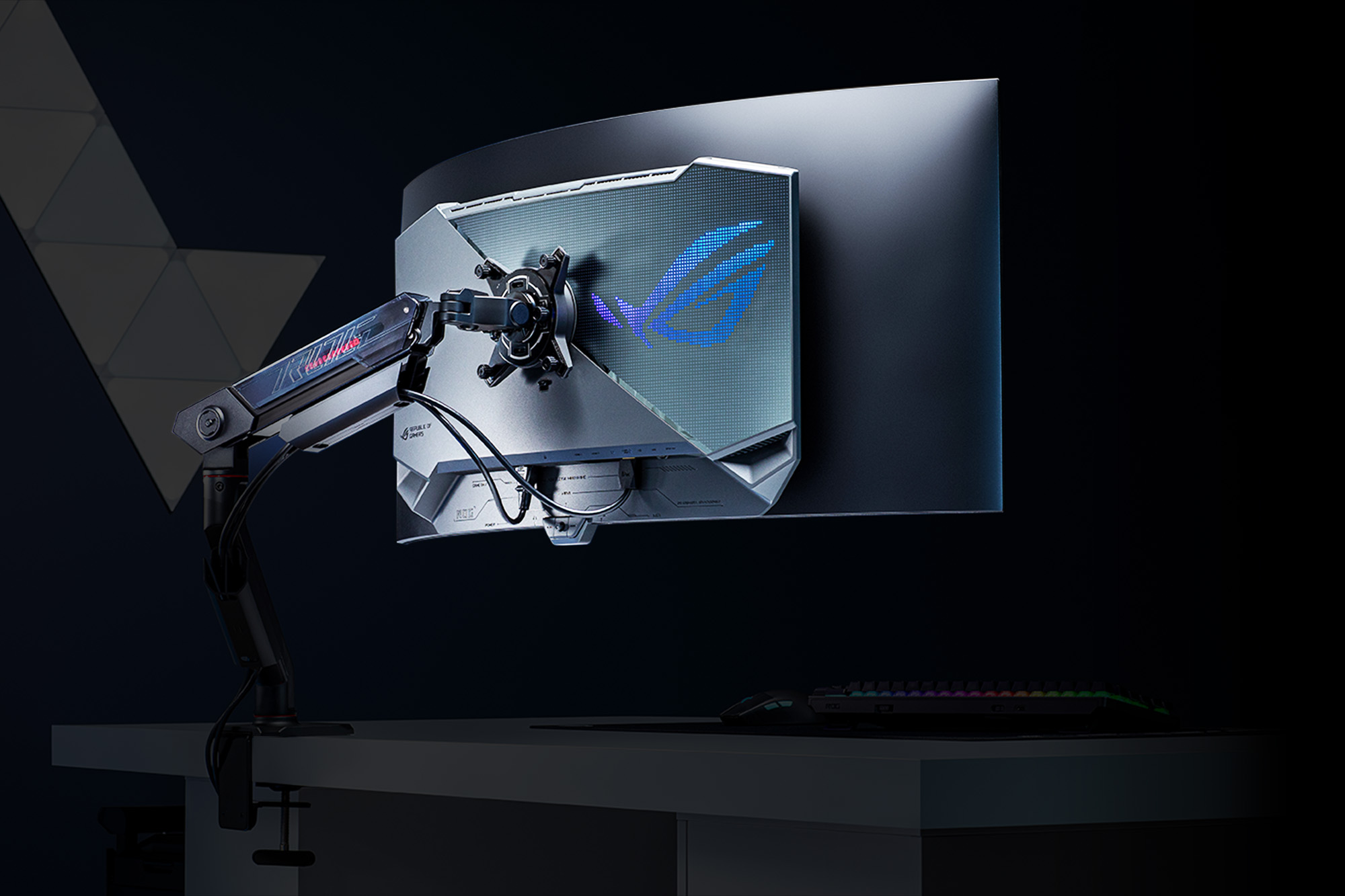 Pohled zezadu na monitor ROG upevněný k ROG Ergo Monitor Arm.