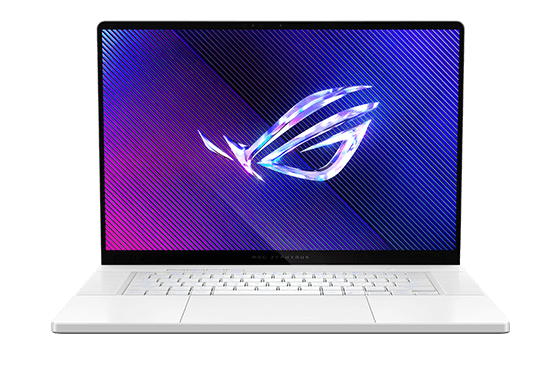 Ein platinweißes Zephyrus G16 mit geöffnetem Deckel und einem ROG-Logo auf dem Bildschirm.