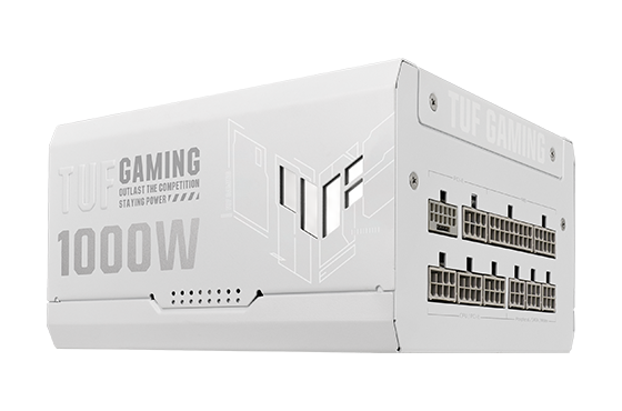 Schräge Seitenaufnahme der TUF Gaming 1000W Gold White Edition